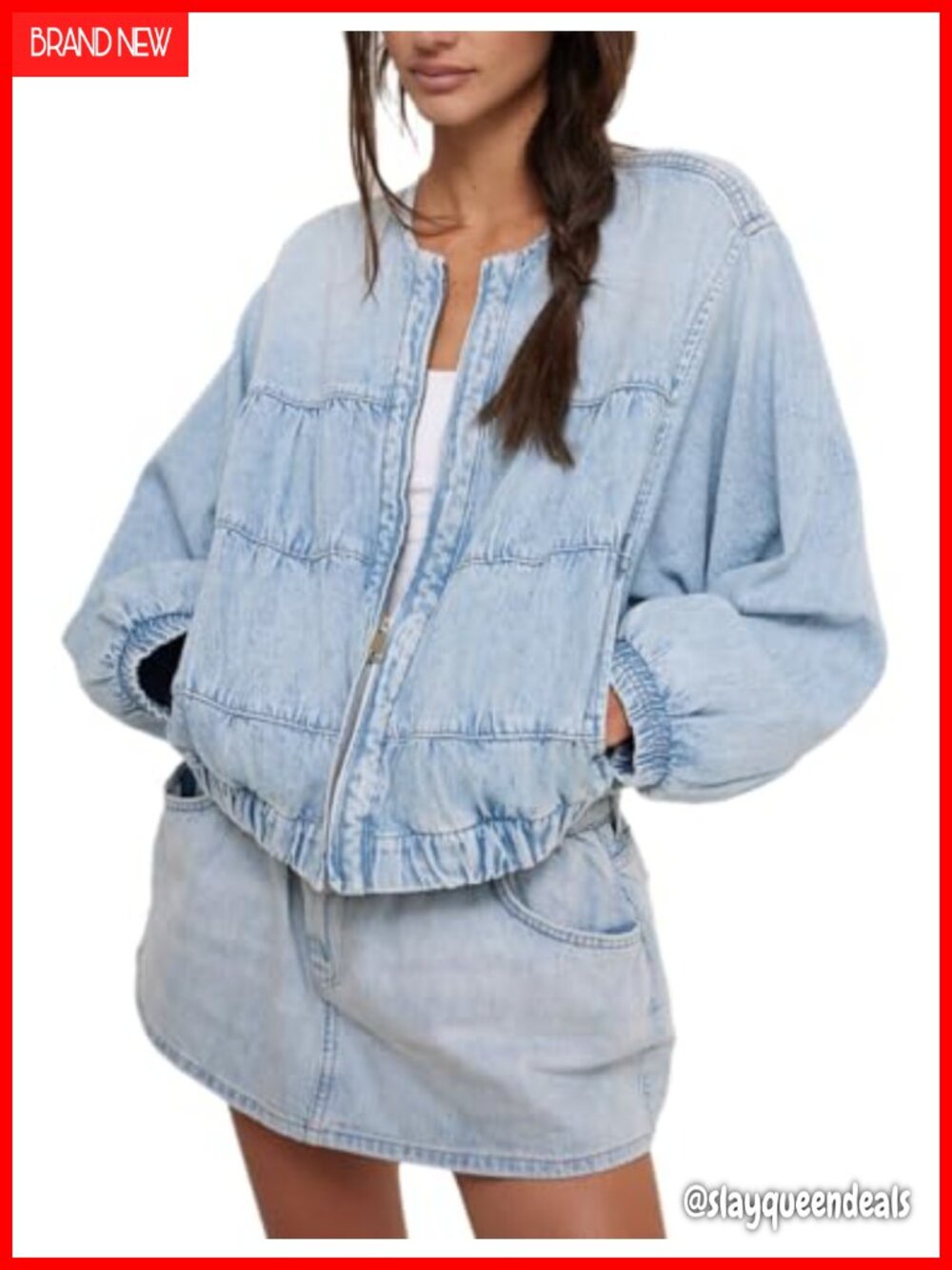 Washed Cotton Cropped Denim Jacket Zip Up Relaxed Fit